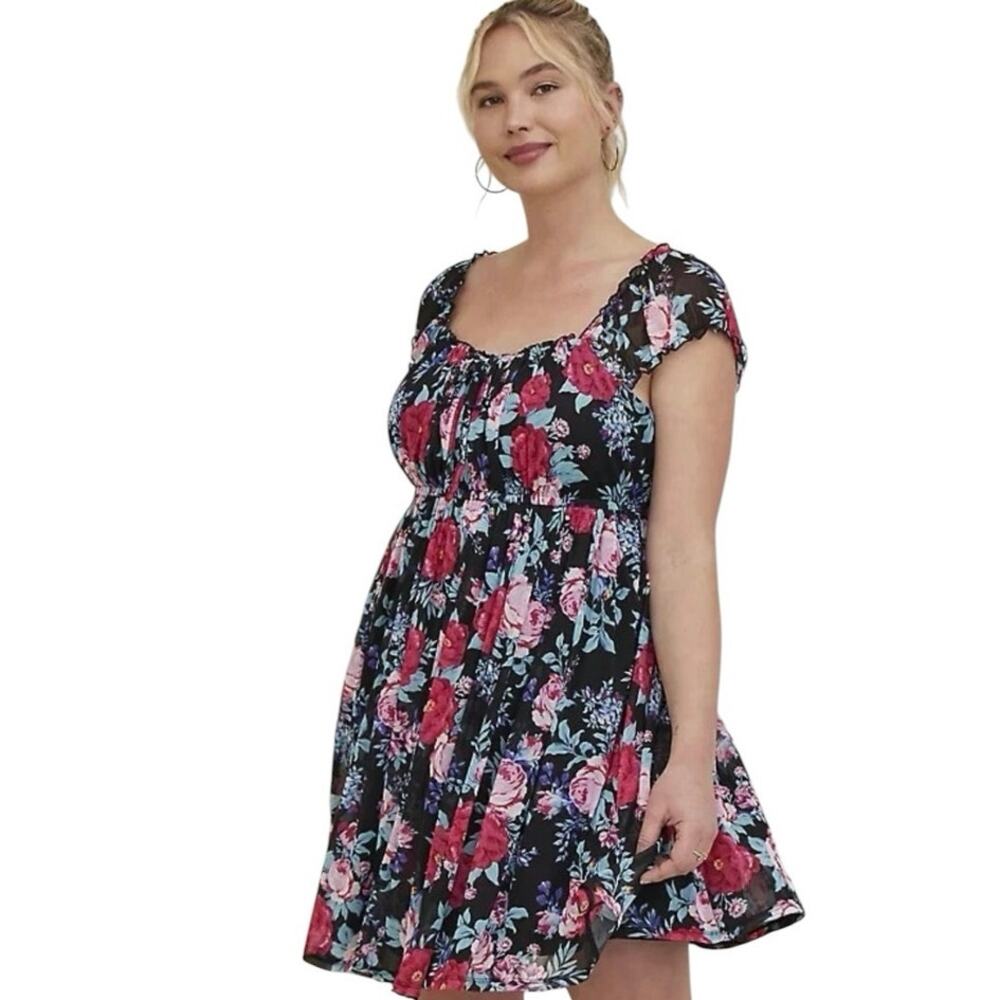 Torrid Sweetheart Black Floral Mesh Puff Sleeve Mini Dress, Plus Size 3X NWT